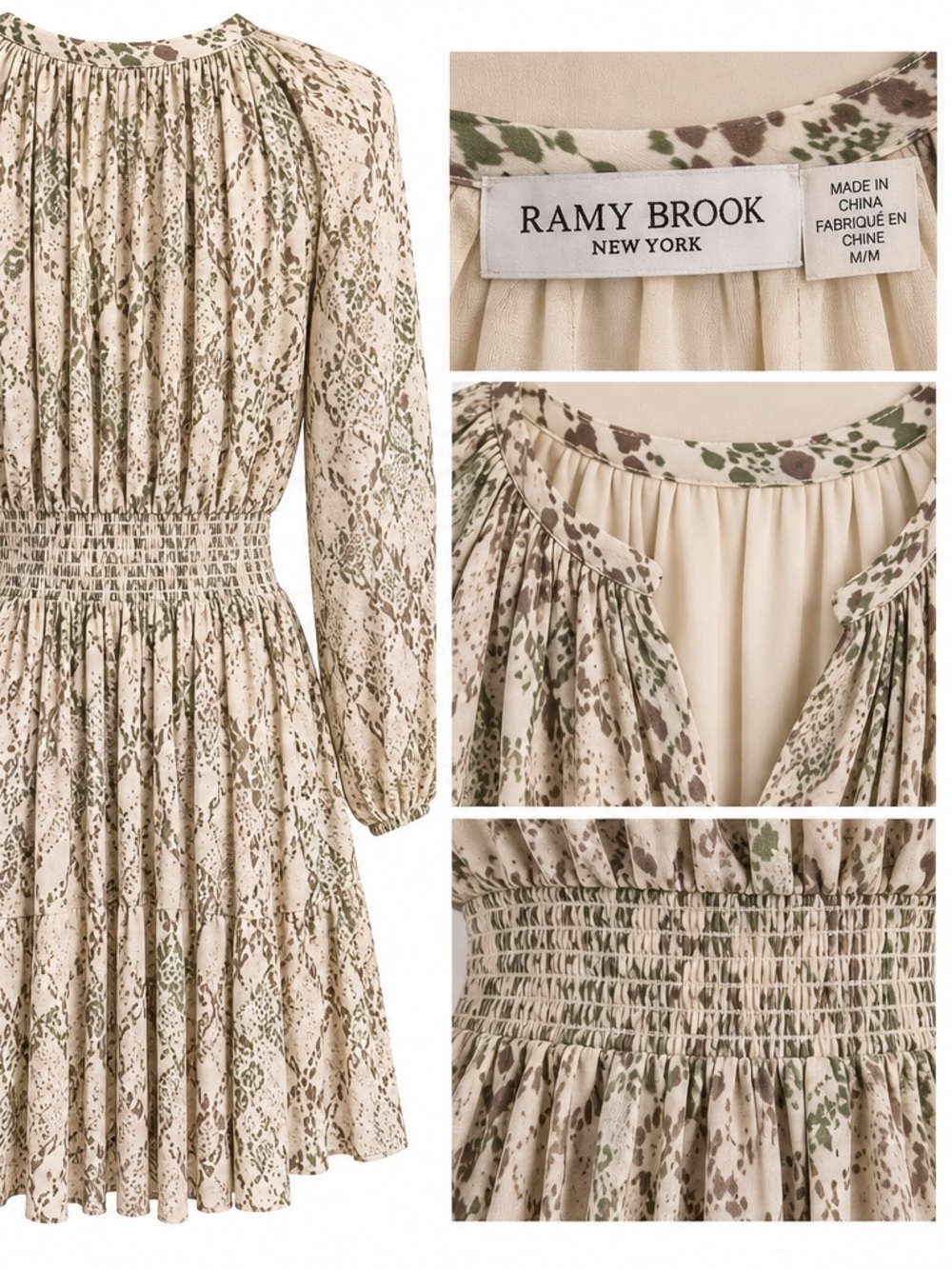 Ramy Brook Beige Mini Dress with Olive Snakeskin Print